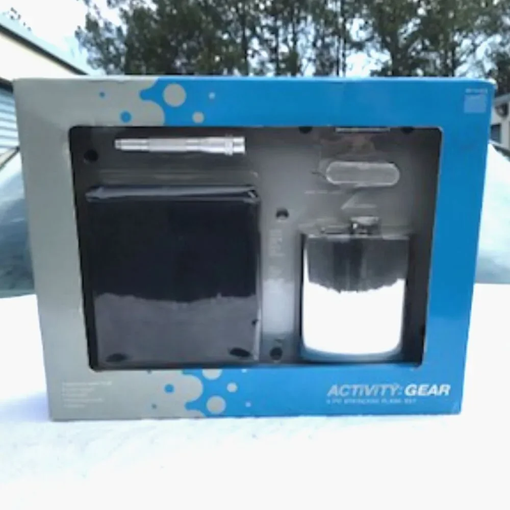 5Pc Flask Set Stainless Steel Flask . Nylon Pouch . Flashlight . Knife . Battery